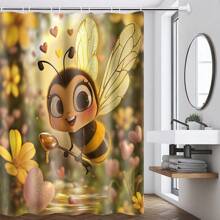 1-4 件套浴室套装包括可爱的蜜蜂和花朵印花浴帘、柔软法兰绒海绵浴室垫、防滑马桶 U 型垫、干湿分离浴室垫装饰