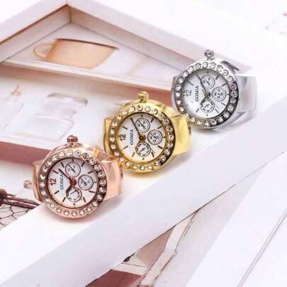 1pc Fashionable Personalized Rhinestone Stainless Steel Watch Ring, Multi-Color Numeric Finger Watch With Adjustable Strap, Suitable For Men And Women, Daily Wear, Party, Holiday, Creative Gift