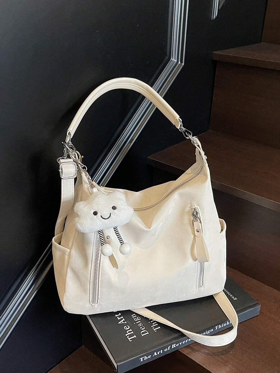 Matte Finish Large Capacity Fashion Versatile Shoulder Bag, Elegant Beach Tote Handbag Shopping Bag, White Bag - White - View 1