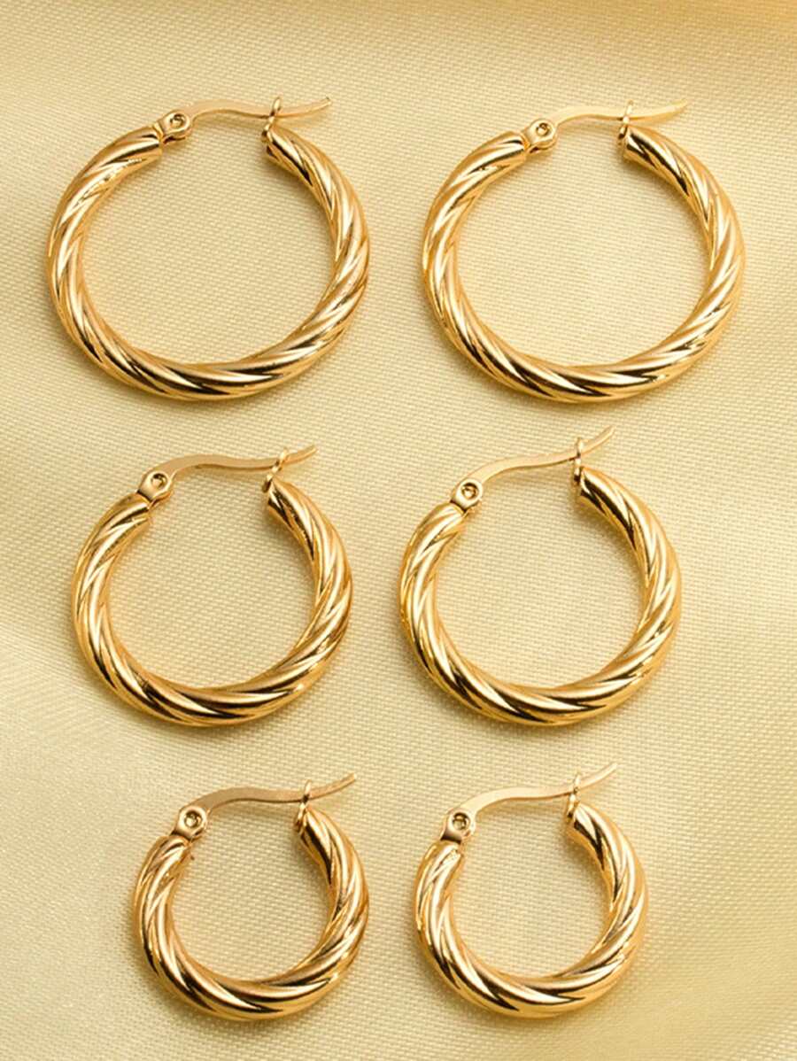 6pcs Women's Vintage Inspired Exaggerated Round Textured Stainless Steel Hoop Earrings Set, Fashionable & Non-Fading - Gold - View 1
