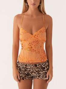 Womens Sequin Beaded Cami Tank Top Y2k Sparkly Floral Spaghetti Strap V Neck Slim Fit Camisole Crop Tops Sexy Backless Pearl Embellished Vests Shirts Bling Glitter Rhinestone Going Out Tops Party Club Streetwear - trái cam - Xem 3