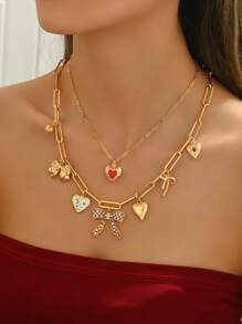 1pc Unique Fashion 18K Gold Plated Metal Fully Rhinestone Bowknot Heart Floral Pendant Necklace For Women, Can Be Purchased As 1pc Or 2pcs Set With Multiple Pendants, Suitable For Party, Wedding, Holiday Occasions And As A Gift