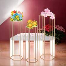 1 pieza Estantería hexagonal dorada, base cilíndrica de metal hexagonal para soporte de exhibición de flores, pedestal de jarrón, decoración de fiesta de cumpleaños, boda, telón de fondo de exposición - Dorado - Ver 4