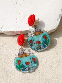 Pink Snail 手工制作的种子珠耳钉、创意个性耳环、卡通卡哇伊耳环、时尚珠宝、猫和鱼缸动物爱好者丙烯酸树脂吊坠耳环，适合女士女孩、夏季冬季假期海滩派对礼物，适合她和情侣、复活节礼物耳环