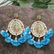 1pair Bohemian Floral Drop Earrings For Women Long Religious Flower Dangle Earrings, Festival Party Jewelry, Vacation Style Accessories