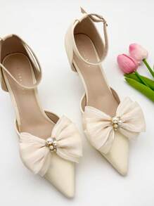 1 对女士优雅时尚鞋夹，杏色蝴蝶结珍珠水钻鞋夹，可拆卸 DIY 配件，适合休闲、派对和日常穿着 - 彩色 - 查看 3