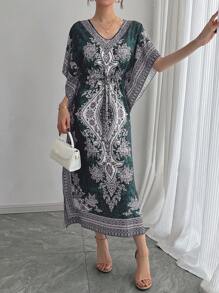 Middle Eastern Style Loose V-Neck Breathable High-End Quality Casual Reversible Elastic Waist Slimming Vacation Short Sleeve Dress, Plus Size Abaya Robe Caftan Arabian Traditional Festival Party Formal Gown