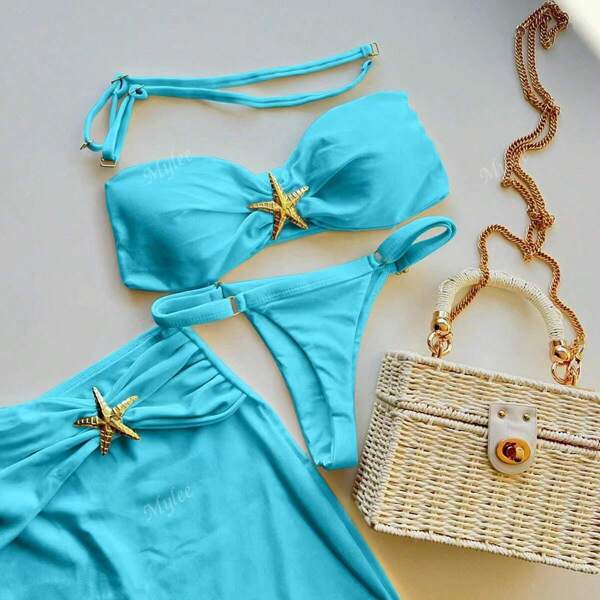 Set de 3 piezas Nuevo estilo 2025 Bikini sexy, Traje de baño de 2 piezas con decoración metálica y falda pareo para mujer, Producto transfronterizo