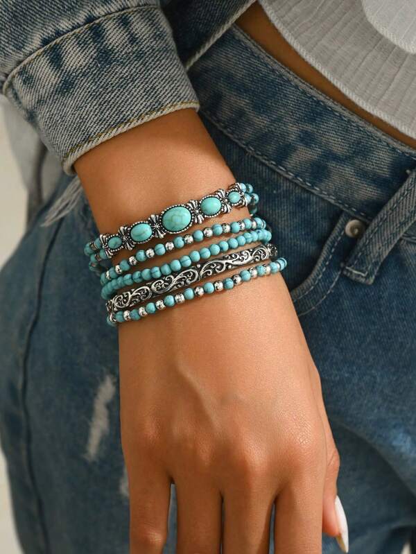 5pcs/Set Vintage Western Style Turquoise Beaded Elastic Bracelets Set, Suitable For Men And Women Daily Wear