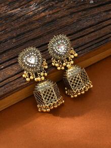 1pair Luxurious Vintage Heart-Shaped Rhinestone Earrings,South Asian Style Alloy Birdcage Pendant Jhumka Suitable For Women's Daily Wear, Party Jewelry