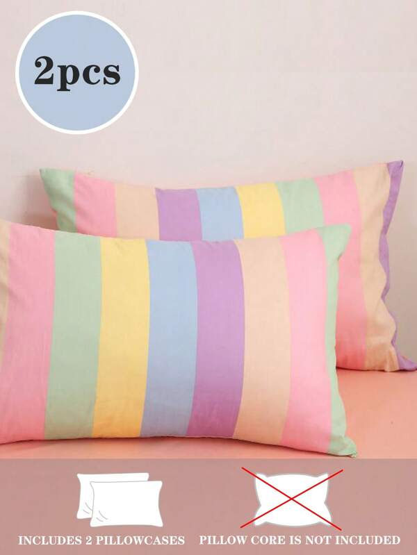 2pcs Rainbow Stripe Floral Print Soft Microfiber Pillowcase Covers, For Girls Students Dormitory, Fits Twin/Full/Queen/King