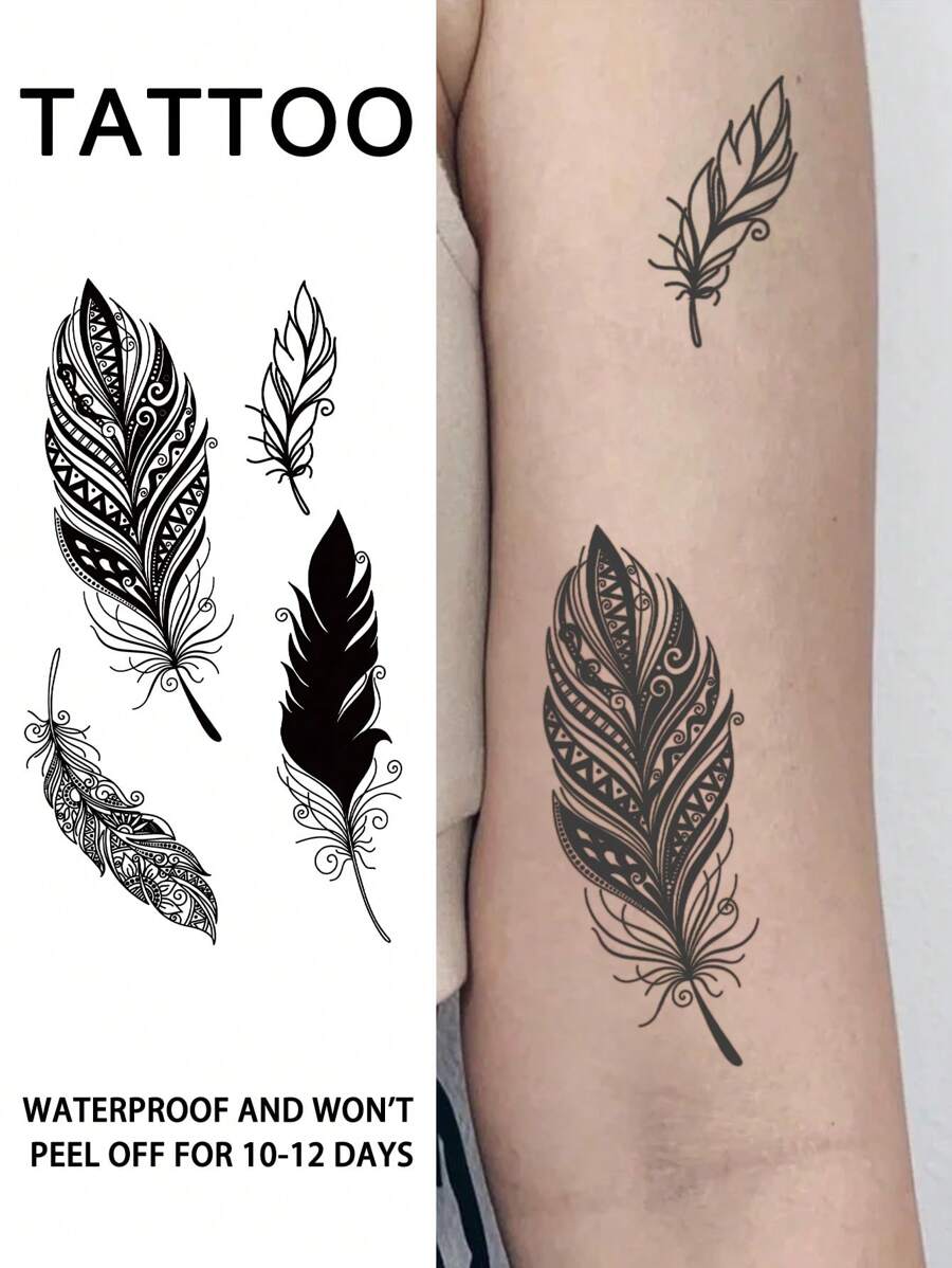 1片羽毛图案临时纹身贴纸，半永久性，防水防汗，可持续1-2周，逼真草本植物纹理，不摩擦，不反光，黑色仿纹身贴纸，男女通用，适用于手臂、胸部、腿部、腹部、腰部、手指、颈部等部位，现代简约人体彩绘 - 黑色 - 查看 1
