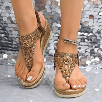 女式厚底防水坡跟凉鞋，新款夏季户外时尚粗跟平跟带扣女士高跟鞋