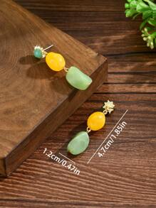 2pcs Set Elegant Fashion Bohemian Faux Jade Resin Pendant Tassels, Candy-Color ABS Resin & Golden Stud Earrings For Women, Versatile For Daily/Vacation Wear, Slight Color/Pattern Variation Is Normal Due To Resin Dyeing