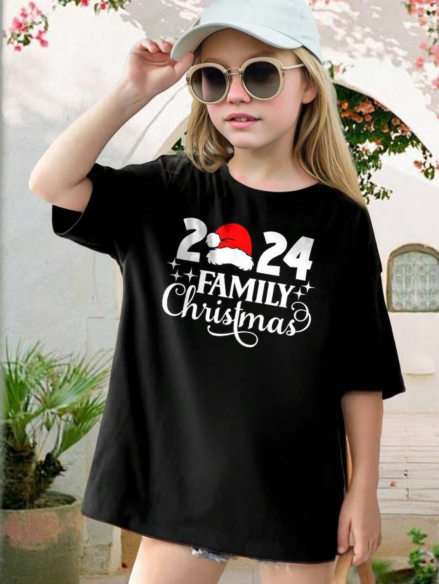 Kids' Matching Family Christmas T-Shirts - Cute Santa Hat Graphic Tees For Boys Girls - Soft Cotton Holiday Outfits - Youth Christmas Shirts (Sizes 6-8) - Black - View 1