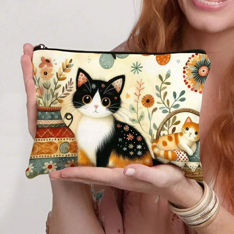 1pc Cute Cat Pattern Cosmetic Bag, Funny Cat Toiletry Bag, Portable Travel Organizer Pouch, Women Handbag, Summer Bag, Ramadan Bag, Makeup Bag, Wallet, Backpack, Holiday Essential, Holiday Travel Essential, Travel Bag, Travel Accessory - Blue - View 1