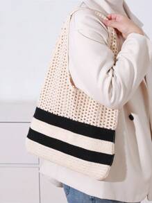 1pc Beige Original Design Medium Woven Bag For Women, Fashion Beach Bag, Hollow Mesh Tote Bag, Shopping Bag, Suitable For Daily Use, Dates, Gifts For Graduates, Teenagers, College Students, Holidays, Beach, Shoulder Bag, Crossbody Bag, Large Capacity Handheld Bag - Beige - View 5