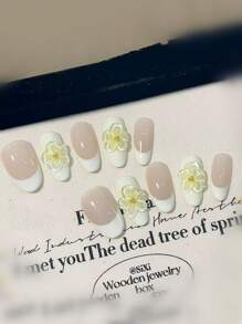 优雅春日花朵按压指甲 - 精心制作的 3D 花朵指甲 - 柔和色调的柔和花卉图案（持久且易于涂抹）包括 1 个果冻凝胶和 1 个锉刀指甲用品 - 黃色 - 查看 2