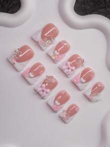 10pcs Set Handmade Y2K Baddie Style Duck Claw Fake Nails, Nude & White Color With French Tips, Heart, Flower, Butterfly, Teddy Bear, Bow Decor, Glitter Acrylic Press-On Nails For Women And Girls, Suitable For Party, Wedding, Daily Wear, Includes Tools As Gift