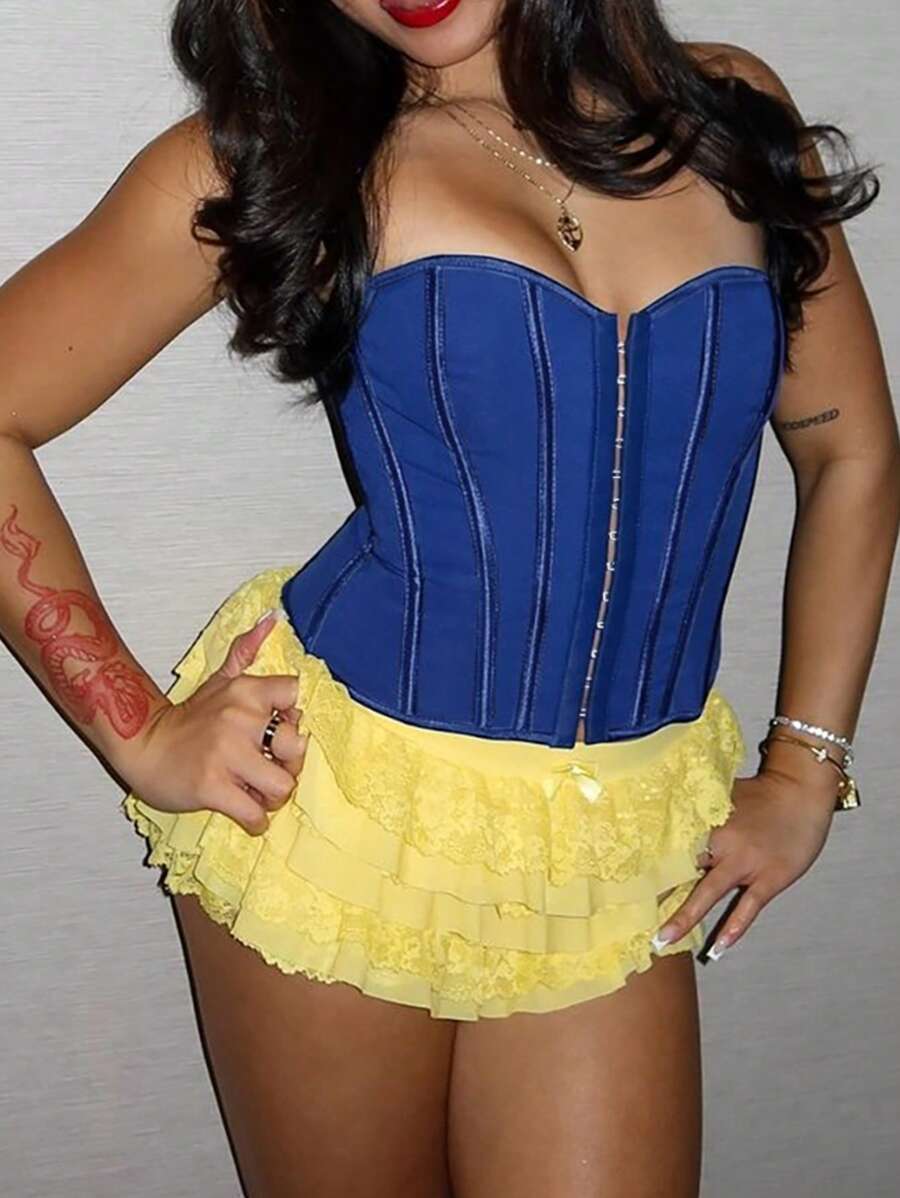 Apperloth A 复古系带前开后系带塑形胸衣上衣，女士不对称设计，金属孔眼，系带腰身纯蓝色休闲露脐上衣，春夏款，性感音乐节必备 - 藍色 - 查看 1