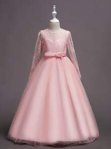 New Girls Long Sleeve Lace Dress, Children Princess Bow Mesh Tulle Dress, Christmas Wedding Flower Girl Piano Recital Costume (Please Select Size According To Chest Measurement In Size Chart) - Pink - View 3