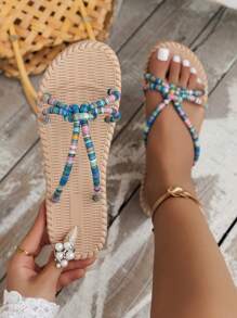 WRCVS Women's Light Blue Flat Sandals,Comfortable, Breathable,Rope Sole Beach Shoes,Boho Style,Lightweight Foam Bottom - Blue - View 2