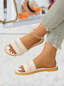 新款夏季女士水钻平底凉鞋，舒适休闲一脚蹬平底拖鞋，时尚户外凉鞋