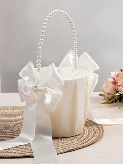 1 件婚礼花篮仿珍珠蝴蝶结花篮婚礼派对装饰散花瓣花篮，西式婚礼白缎珍珠蝴蝶结花篮，婚礼装饰，房间装饰，家居装饰夏季生日礼物海滩返校学校用品