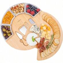 Cheese Board And Platter Set - Made From Acacia Wood - US Patented 13 Inch Cheese Cutting Board And Knife For Entertaining And Serving - 4 Knives And 4 Bowls