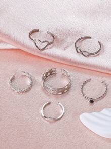 Vogue Whisper 6pcs/Set Boho Style Hollow Heart, Geometric, Infinity, Flower Silver-Tone Toe Rings Set For Women, Adjustable, Suitable For Summer Dates, Beach Vacations, Everyday Wear - Silver - View 4