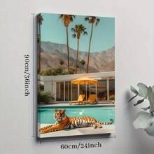 1pc Framed Canvas Poster Tiger Swimming-Pool Tropical-Resort Wall Art Canvas Paintings Ideal Gift For Bedroom Living Room Corridor Wall Art Wall Decor Room Decoration Ready To Hang