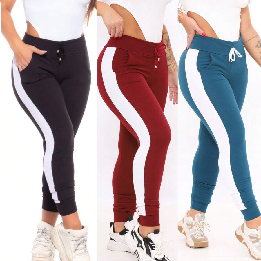 Kit 3 Crepe Knit Trousers With Belt - Black Wine Blue - View 1