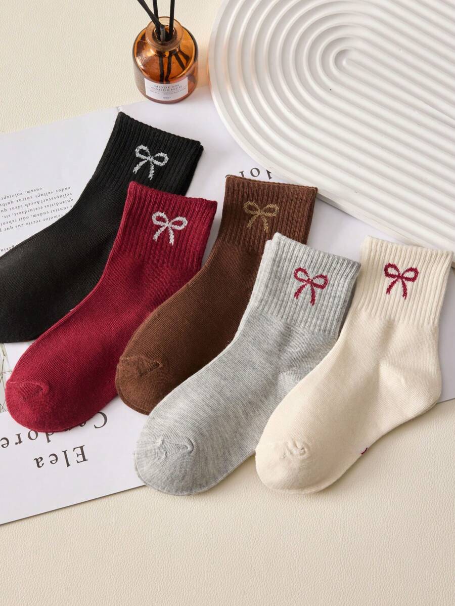 3 双儿童中筒袜带蝴蝶结，黑色袜子，白色袜子，灰色袜子，红色袜子，适合所有季节，颜色随机 - 彩色 - 查看 1