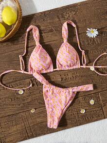 New Solid Color & Printed Designed Bikini Set With Metal Accessories, Sexy Music Festival And Night Club Style, European & American Fashion - Grey - View 1