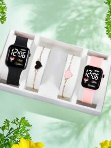 4 buc/Set - 2 buc ceasuri de desene animate cu inimă și cifre pătrate și 2 bucăți brățări în formă de inimă, Ziua Îndrăgostiților, Crăciun, Cadouri de absolvire, Cadouri pentru cupluri, Ceasuri pentru cuplu și set de brățări