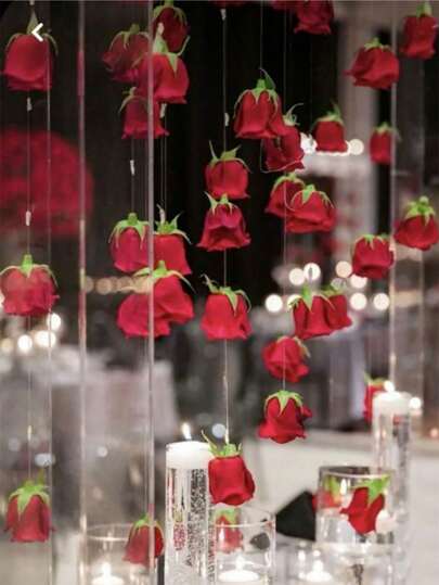 11pcs/21pcs/Set Artificial Red Rose Hanging Decor, Red Rose + 1 Roll 3 Meters Transparent Line, Suitable For DIY Wedding Decoration, Bridal Shower, Wedding Bouquet, Table Centerpiece And Ceiling Decor