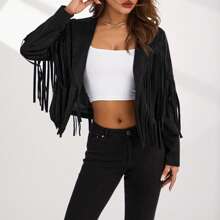 Women Summer Solid Color Collared Jacket With Tassels Long Sleeve Open Front Coat Streetwear - Black - View 8