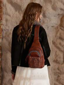 1pc Embossed Retro Design PU Women Chest Bag, Can Be Used As Shoulder Bag Or Backpack - Chocolate Brown - View 3
