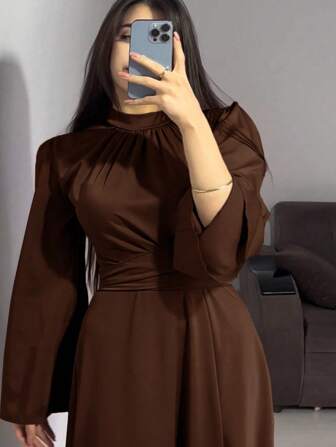 加大码优雅纯色立领泡泡袖阿拉伯连衣裙，端庄