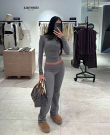 Women's 2 Piece Outfits Foldover Flare Pants Long Sleeve Crew Neck T-Shirt Fitted Pajama Sets Cotton - Heather Gray - View 3