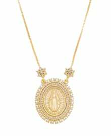 COLAR NOSSA SENHORA DAS GRAÇAS MEDALHA OVAL ZIRCÔNIAS FOLHEADO A OURO 18K