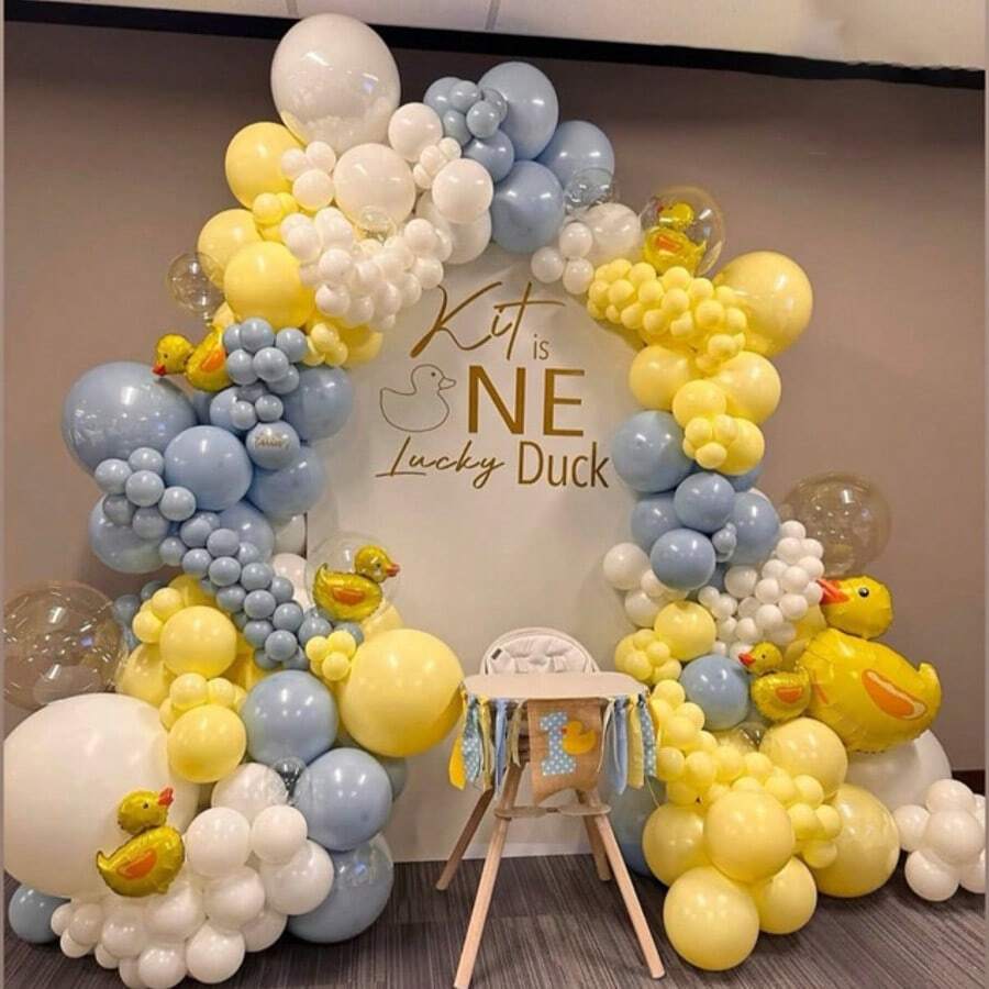 118 piezas Kit de arco de guirnalda de globos "One Lucky Duck", globos de papel de aluminio de pato en tonos pastel azul, amarillo y blanco para decoración de fiesta de revelación de género, cumpleaños, fiesta con tema de pato, decoraciones navideñas, regalos navideños y decoración del hogar en Navidad