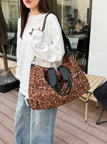 1pc Brown Leopard Print Tote Bag, Large Capacity Zippered Closure Travel Bag, Fashionable Minimalist Travel & Fitness Bag - Multicolor - View 7