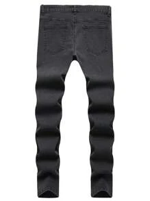 Men's Fashionable Solid Black Distressed Washed Denim Jeans, Versatile - Black - View 2