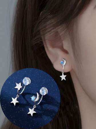 1 par de elegantes pendientes de clip en forma de estrella, luna y pentagrama con circonias cúbicas azules de cobre para mujeres sin perforaciones en las orejas, joyería elegante para las orejas como regalo del día de la madre o cumpleaños