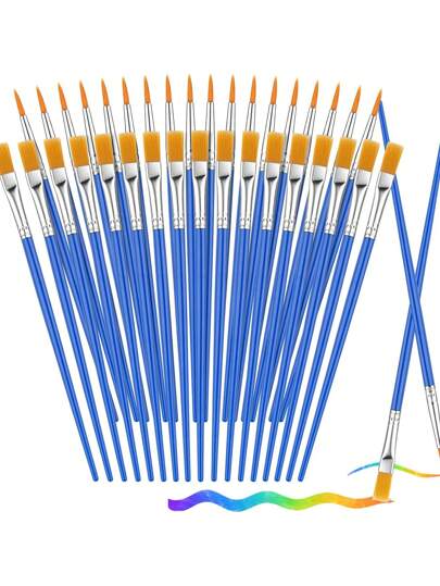 Set de 48 piezas de pinceles de pintura para niños y adultos - Pinceles de artista de pelo de nailon duradero para pintura acrílica/óleo/acuarela - Puntas planas y redondas surtidas para lienzo, rostro, arte de uñas (suministros de arte a granel), de vuelta a la escuela