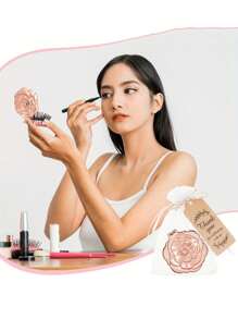 32/30/24/16/15/5/4件套玫瑰花造型便携式化妆镜，婚礼回礼，新娘送礼；玫瑰花造型旅行镜套装，含化妆刷、感谢卡、亚麻绳和欧根纱袋，适合新娘赠送