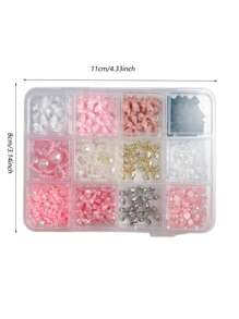 12-Compartment Box Mixed Resin Pearl Bow, Heart, Mini Floral Decor For DIY Nail Art Accessories, Versatile & Cute
