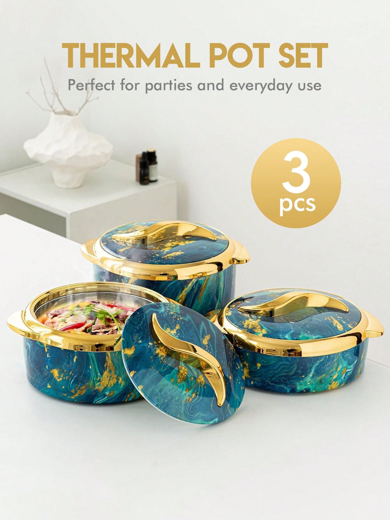3 قطع، وسادة تدفئة الطعام لمسة ذهبية، طقم أواني تق...