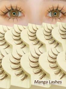 Rikuaild 5 pares de pestañas postizas manga de color marrón, pestañas de anime de aspecto natural y suave, extensión de pestañas marrones, banda transparente reutilizable, pestañas postizas naturales